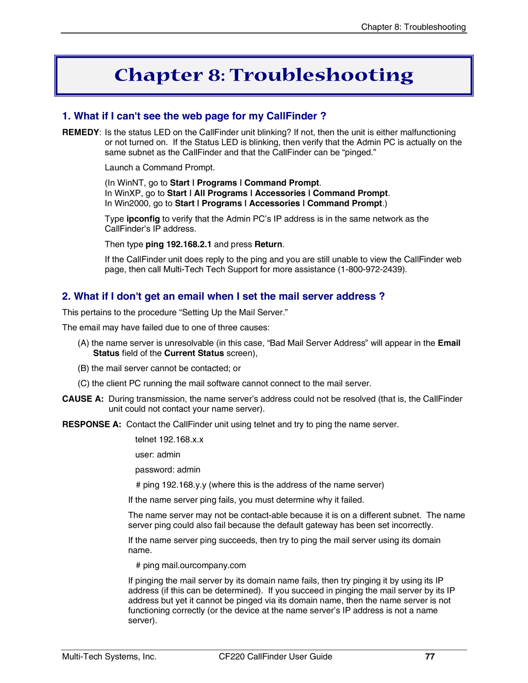 Multi-Tech Systems CF220 manual Troubleshooting, What if I cant see the web page for my CallFinder ? 