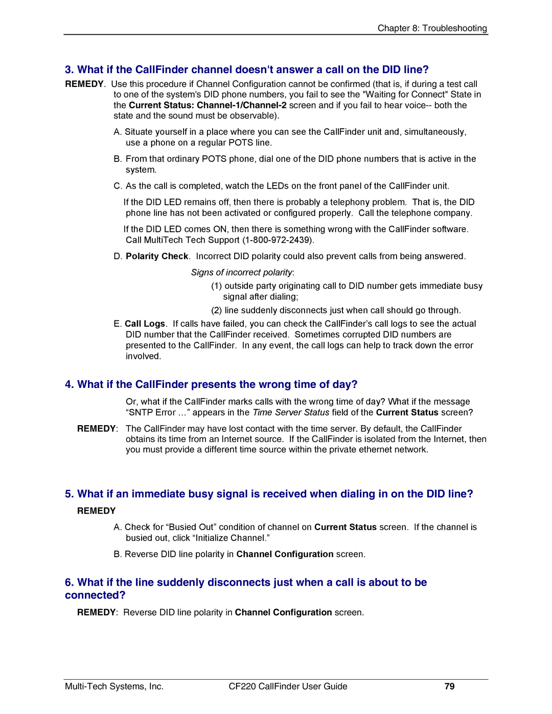 Multi-Tech Systems CF220 manual What if the CallFinder presents the wrong time of day?, Remedy 