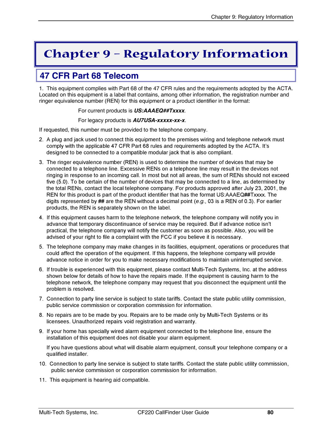 Multi-Tech Systems CF220 manual Regulatory Information, CFR Part 68 Telecom 