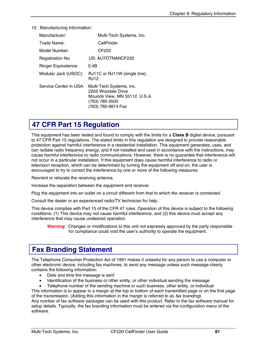 Multi-Tech Systems CF220 manual CFR Part 15 Regulation, Fax Branding Statement 