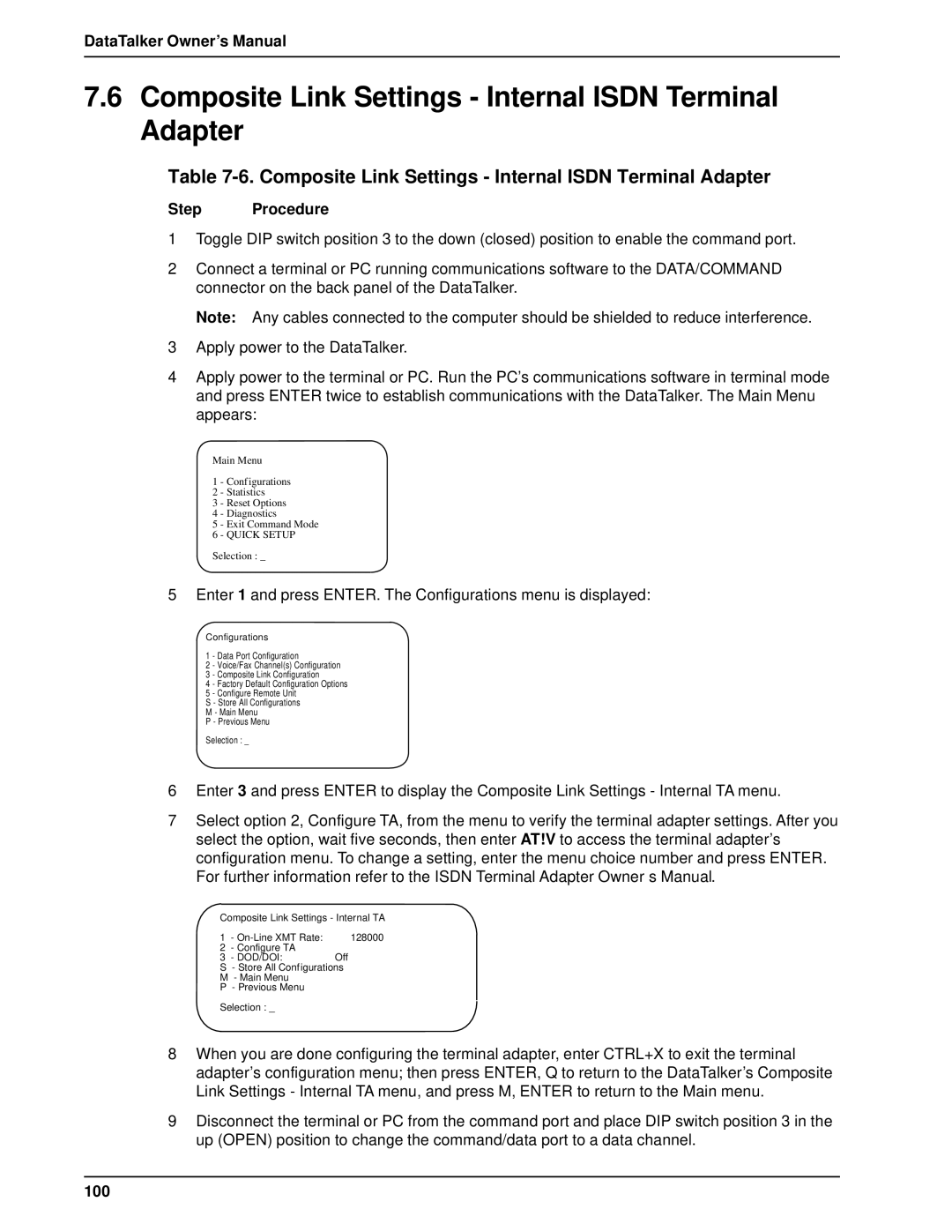 Multi-Tech Systems DT101/xx, DT102/xx owner manual Composite Link Settings Internal Isdn Terminal Adapter, 100 