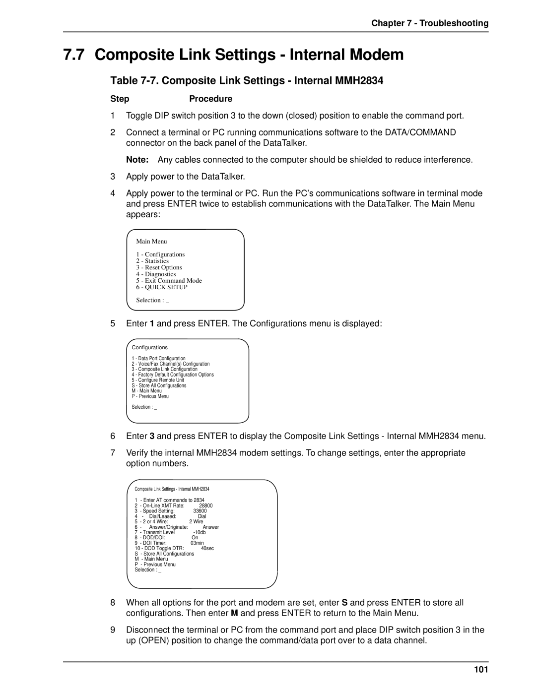 Multi-Tech Systems DT101/xx, DT102/xx owner manual Composite Link Settings Internal Modem, StepProcedure 