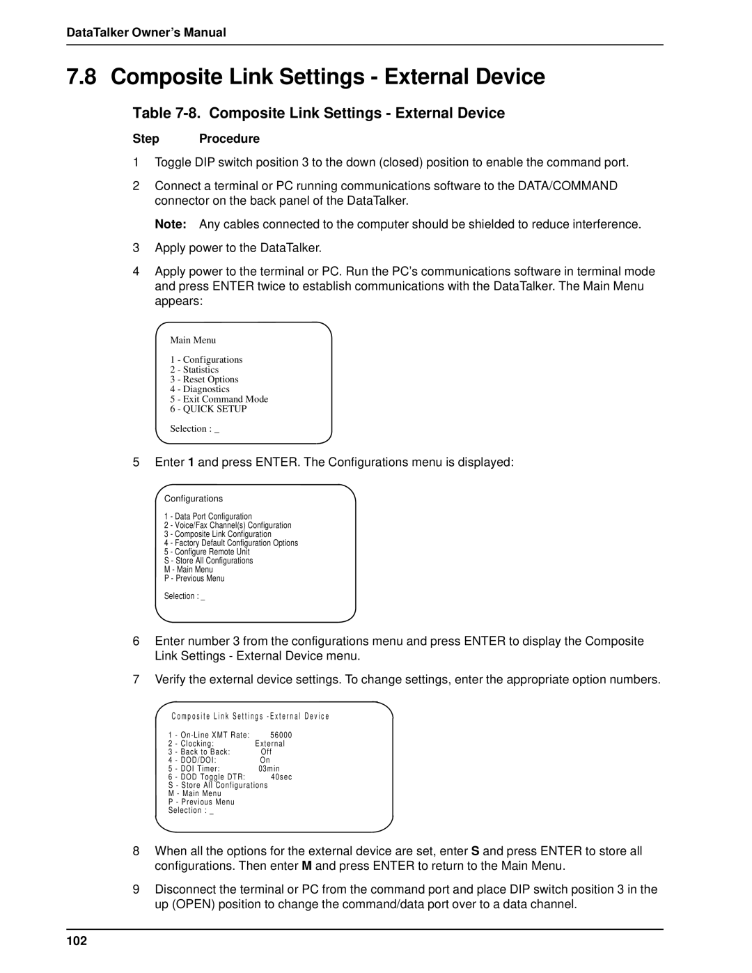 Multi-Tech Systems DT101/xx, DT102/xx owner manual Composite Link Settings External Device 