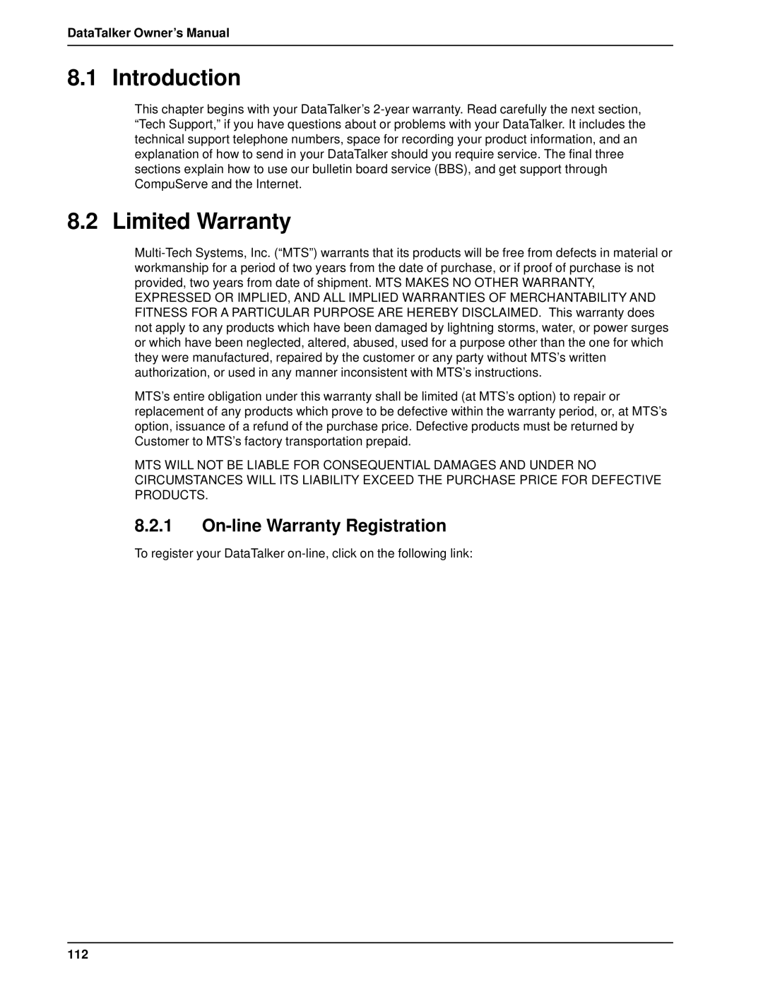 Multi-Tech Systems DT101/xx, DT102/xx owner manual Limited Warranty, On-line Warranty Registration, 112 