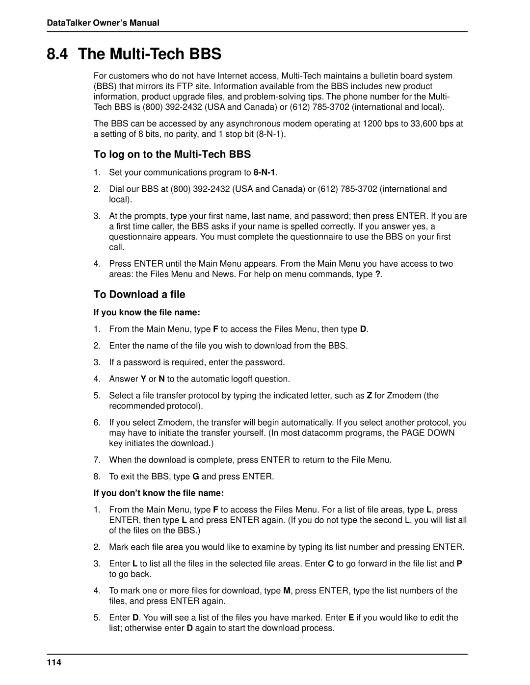 Multi-Tech Systems DT101/xx, DT102/xx owner manual To log on to the Multi-Tech BBS, To Download a file 