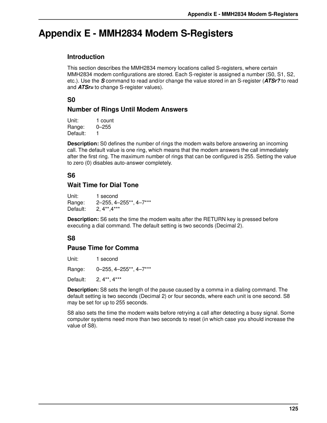 Multi-Tech Systems DT102 Appendix E MMH2834 Modem S-Registers, Number of Rings Until Modem Answers, Pause Time for Comma 