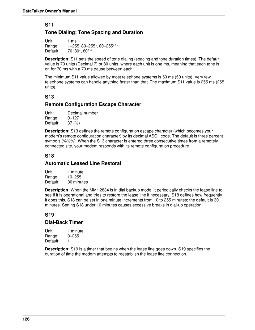 Multi-Tech Systems DT101/xx S11 Tone Dialing Tone Spacing and Duration, S13 Remote Configuration Escape Character, 126 