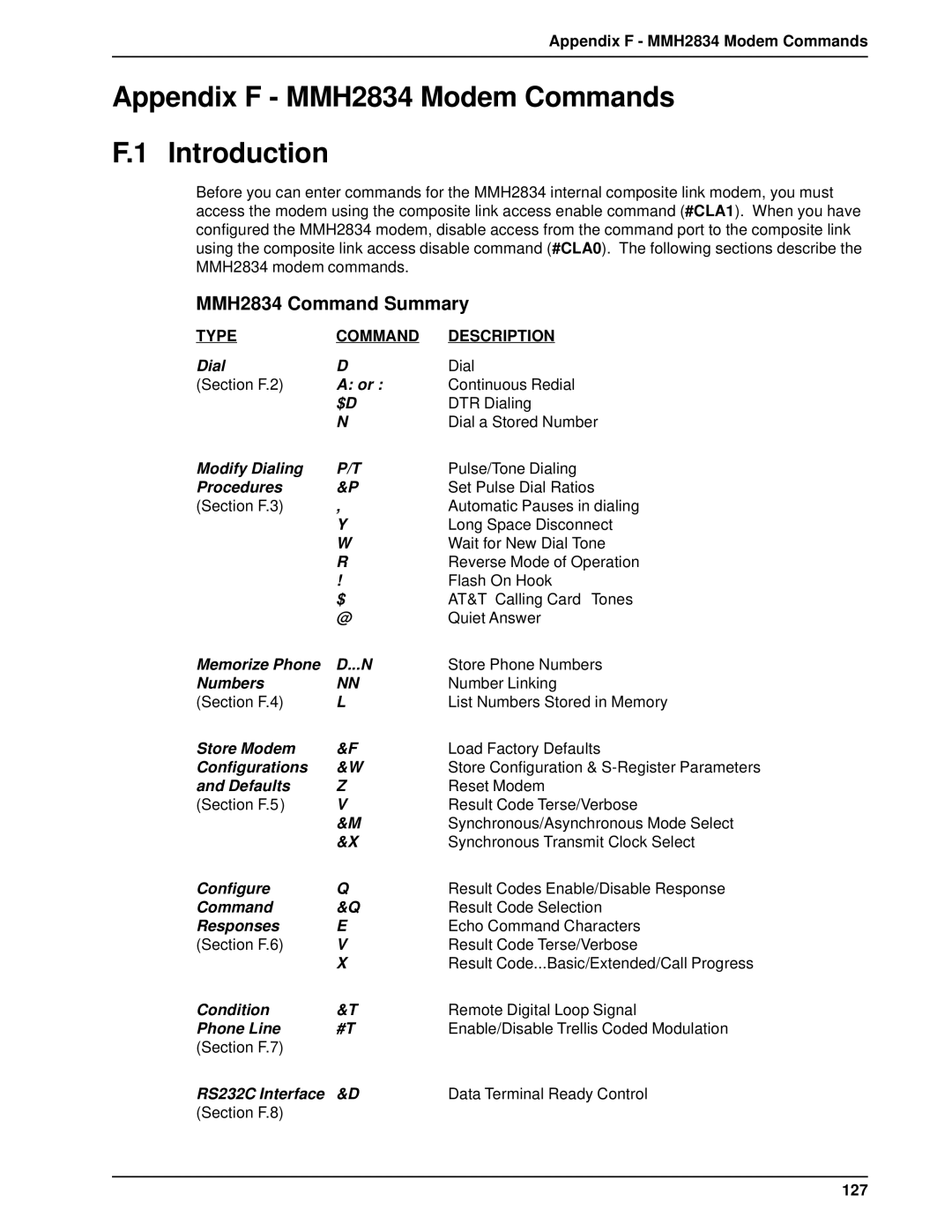 Multi-Tech Systems DT102/xx, DT101/xx Appendix F MMH2834 Modem Commands Introduction, MMH2834 Command Summary, 127 