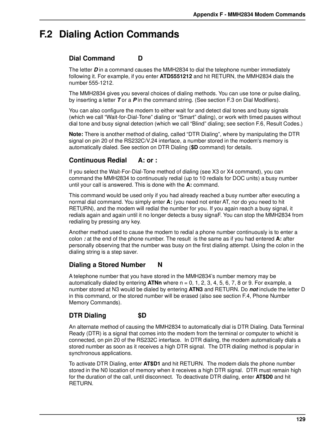 Multi-Tech Systems DT102 Dialing Action Commands, Dial Command, Continuous Redial, Dialing a Stored Number N, DTR Dialing 