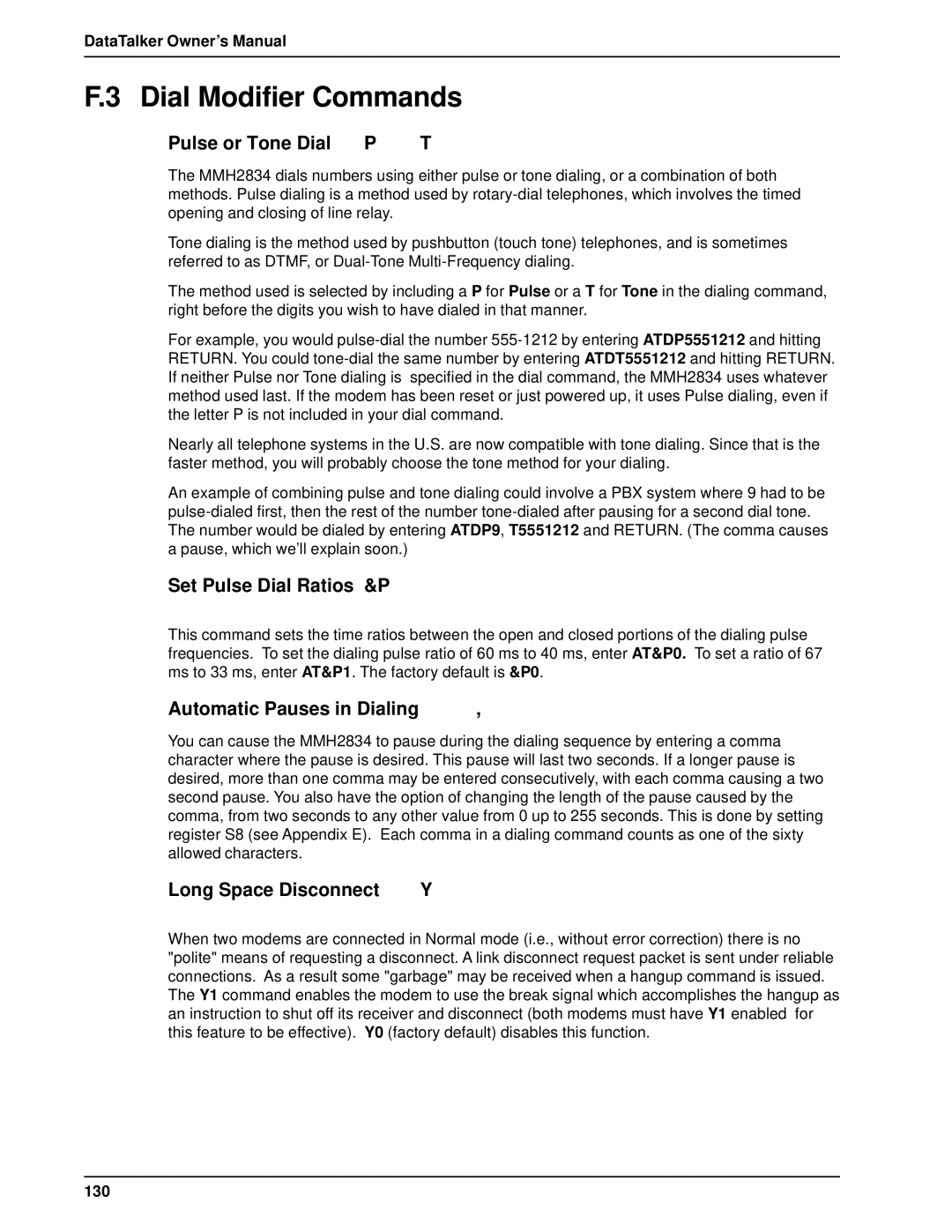 Multi-Tech Systems DT101/xx Dial Modifier Commands, Pulse or Tone Dial P, Set Pulse Dial Ratios &P, Long Space Disconnect 