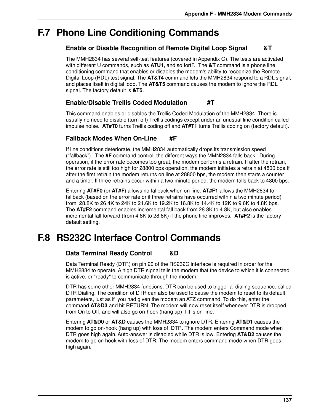 Multi-Tech Systems DT101/xx, DT102/xx owner manual Phone Line Conditioning Commands, RS232C Interface Control Commands 