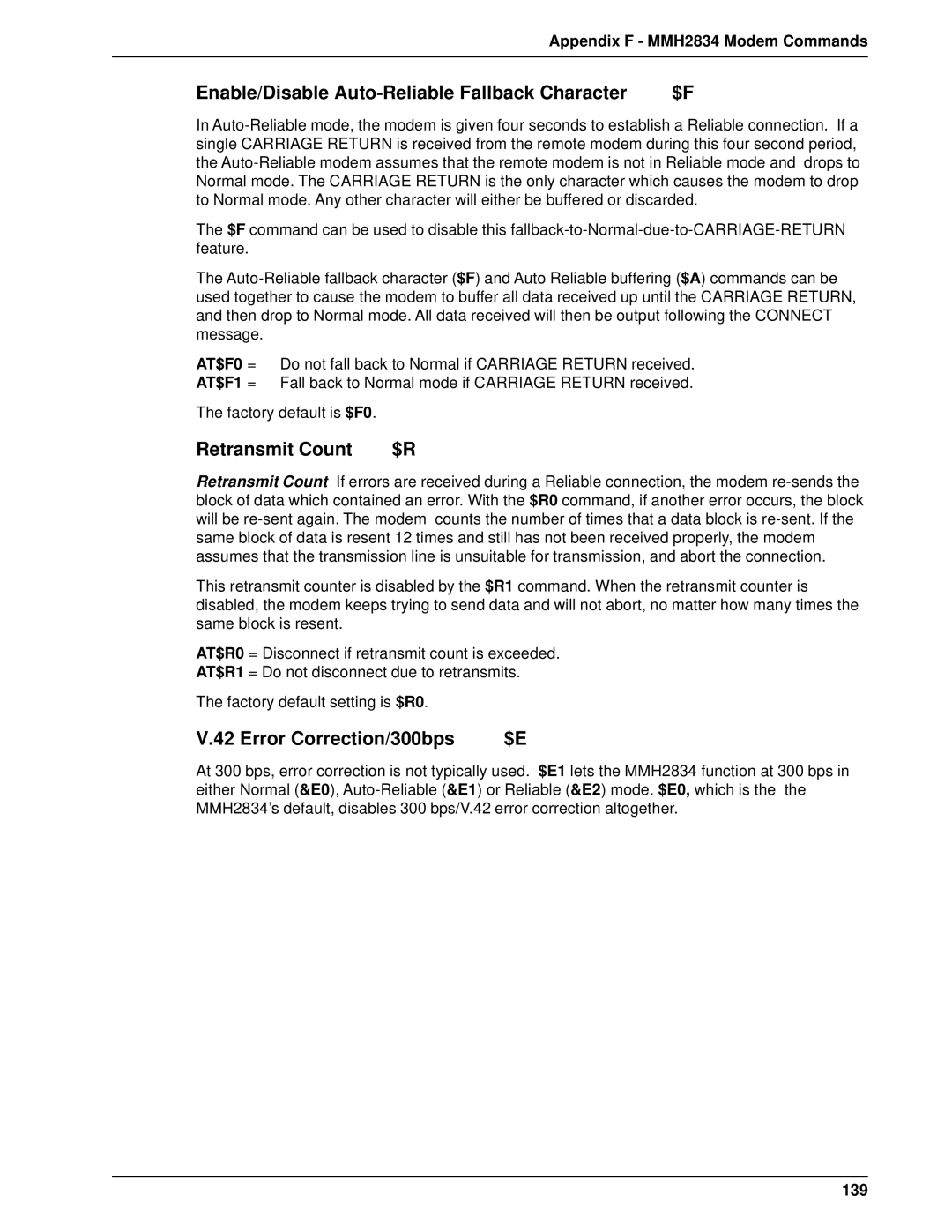 Multi-Tech Systems DT102/xx Enable/Disable Auto-Reliable Fallback Character, Retransmit Count, Error Correction/300bps 