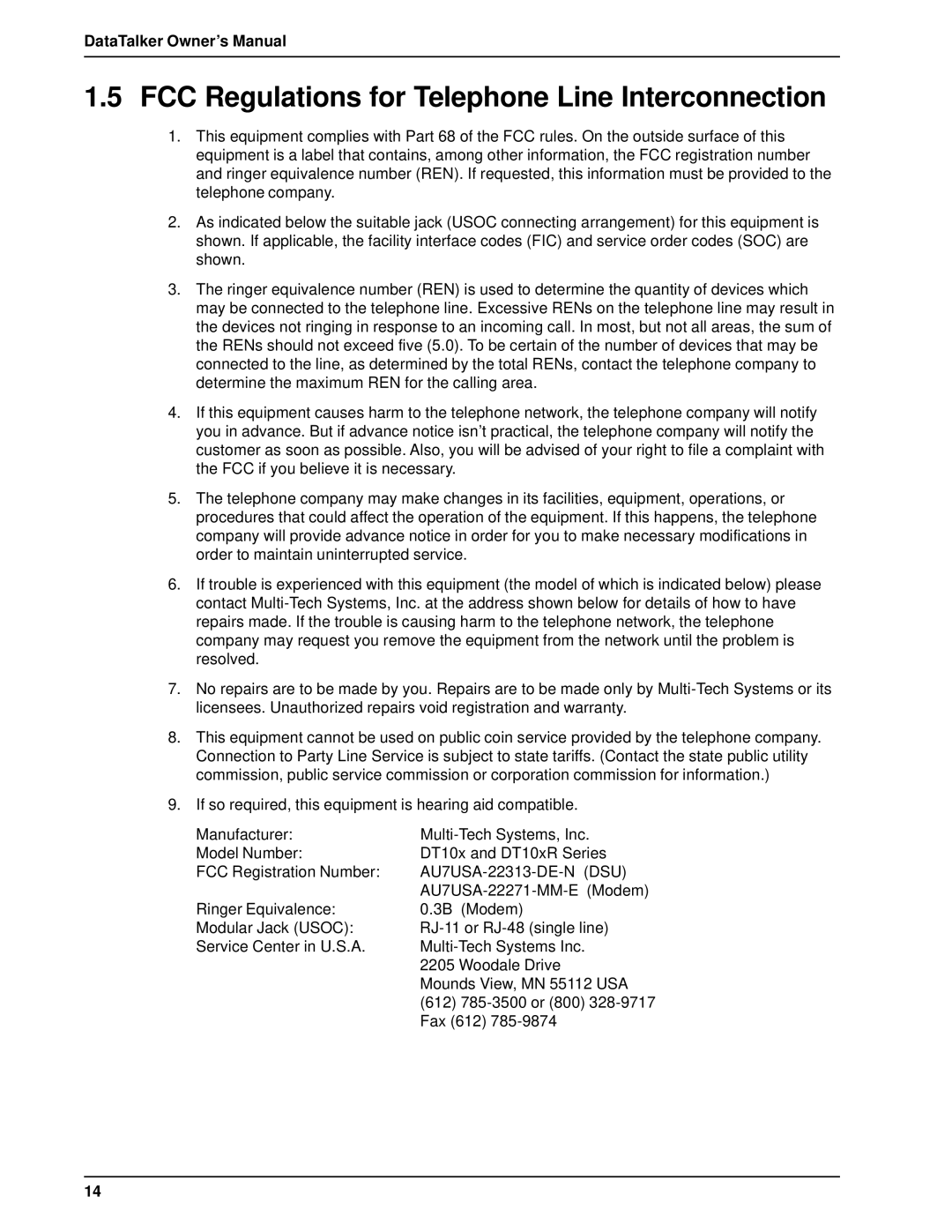 Multi-Tech Systems DT101/xx, DT102/xx owner manual FCC Regulations for Telephone Line Interconnection 