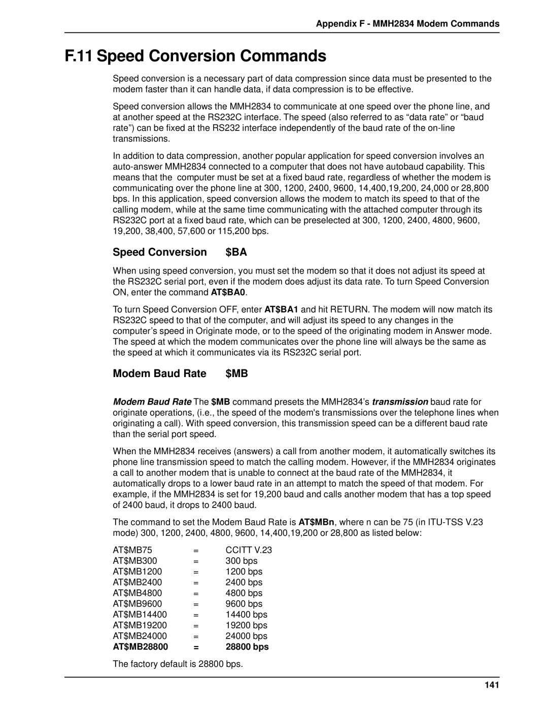 Multi-Tech Systems DT101/xx, DT102/xx Speed Conversion Commands, Speed Conversion $BA, Modem Baud Rate $MB 