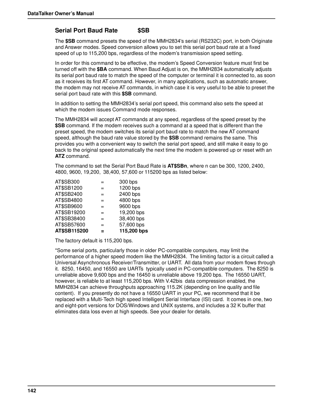 Multi-Tech Systems DT101/xx, DT102/xx owner manual Serial Port Baud Rate, AT$SB115200, = 115,200 bps, 142 