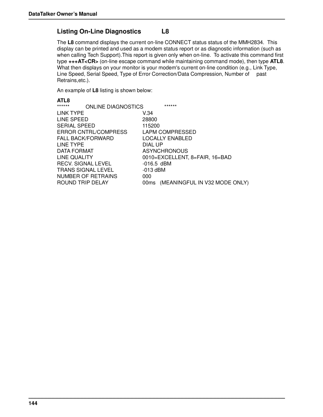 Multi-Tech Systems DT101/xx, DT102/xx owner manual Listing On-Line Diagnostics, 144 