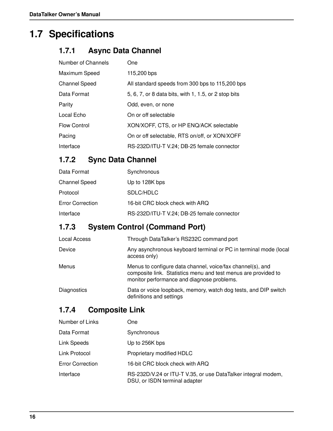 Multi-Tech Systems DT101, DT102 Specifications, Async Data Channel, Sync Data Channel, System Control Command Port 