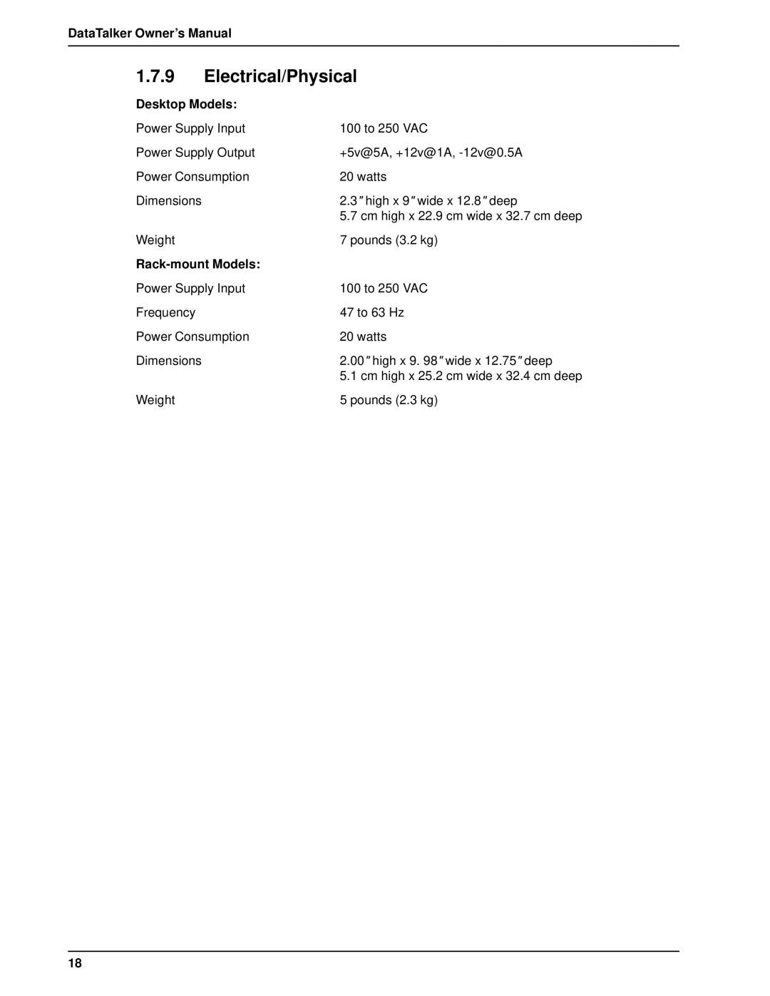 Multi-Tech Systems DT101/xx, DT102/xx owner manual Electrical/Physical, Desktop Models, Rack-mount Models 