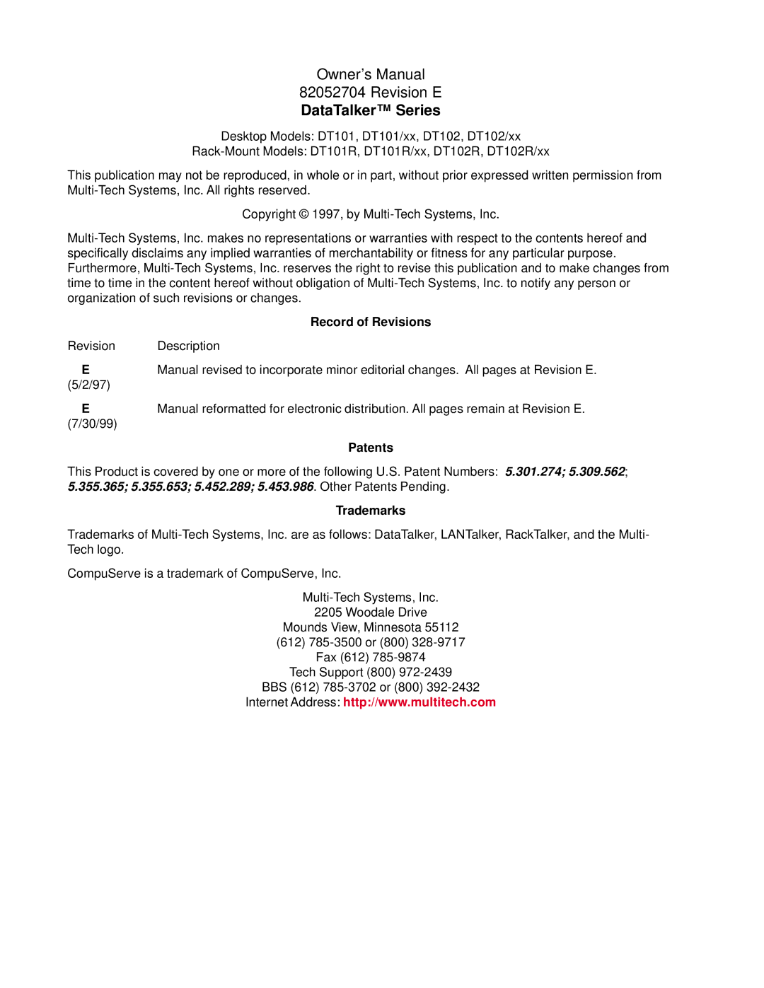 Multi-Tech Systems DT101/xx, DT102/xx owner manual DataTalker Series, Record of Revisions, Patents, Trademarks 