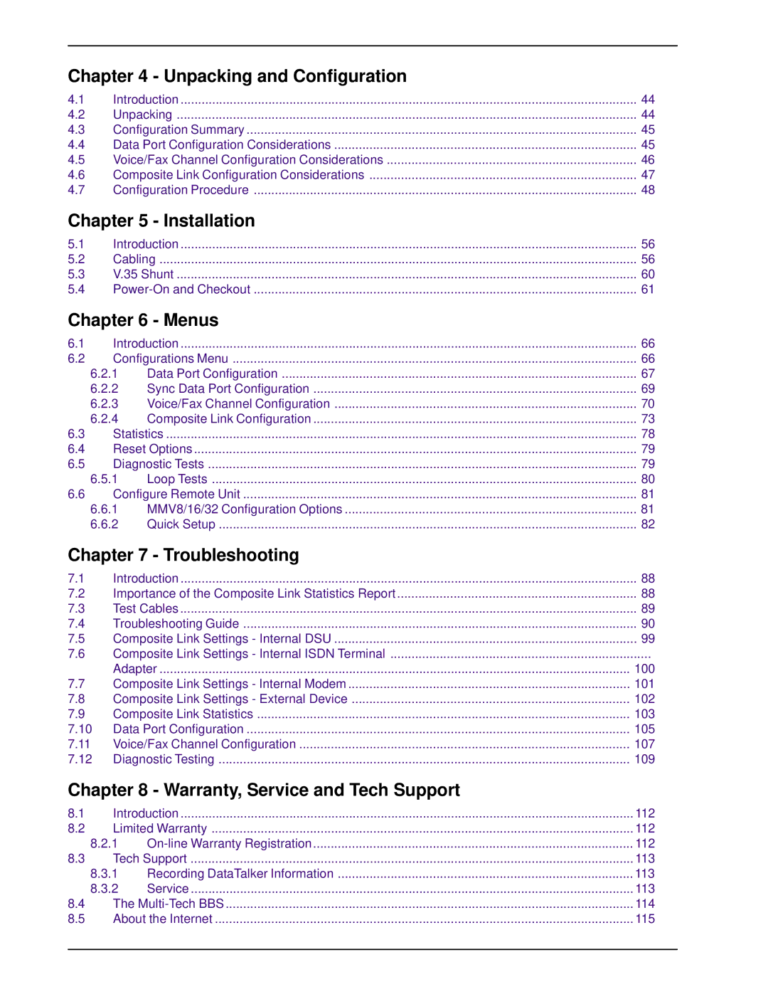 Multi-Tech Systems DT101/xx, DT102/xx owner manual Unpacking and Configuration, Installation, Menus, Troubleshooting 