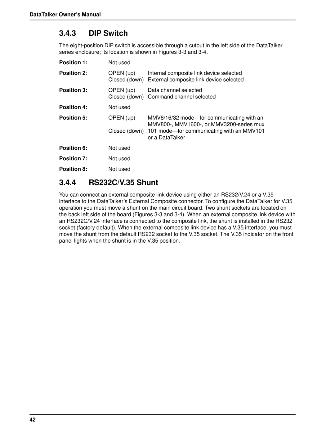 Multi-Tech Systems DT101/xx, DT102/xx owner manual DIP Switch, 4 RS232C/V.35 Shunt, Position 