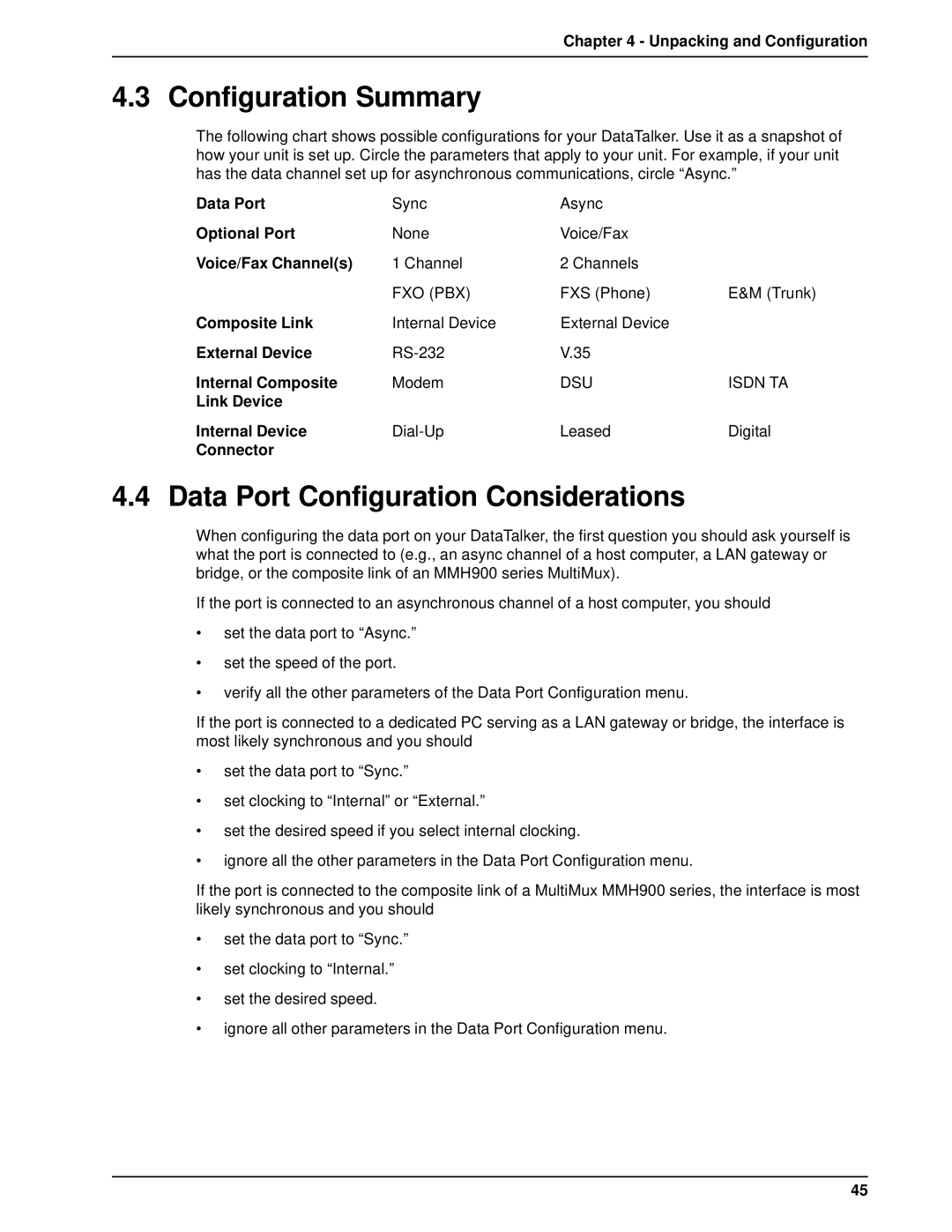 Multi-Tech Systems DT101/xx, DT102/xx owner manual Configuration Summary, Data Port Configuration Considerations 