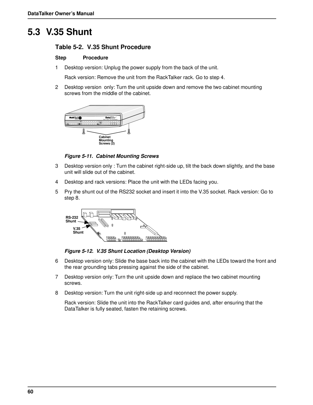 Multi-Tech Systems DT101/xx, DT102/xx owner manual V.35 Shunt Procedure, Step Procedure 