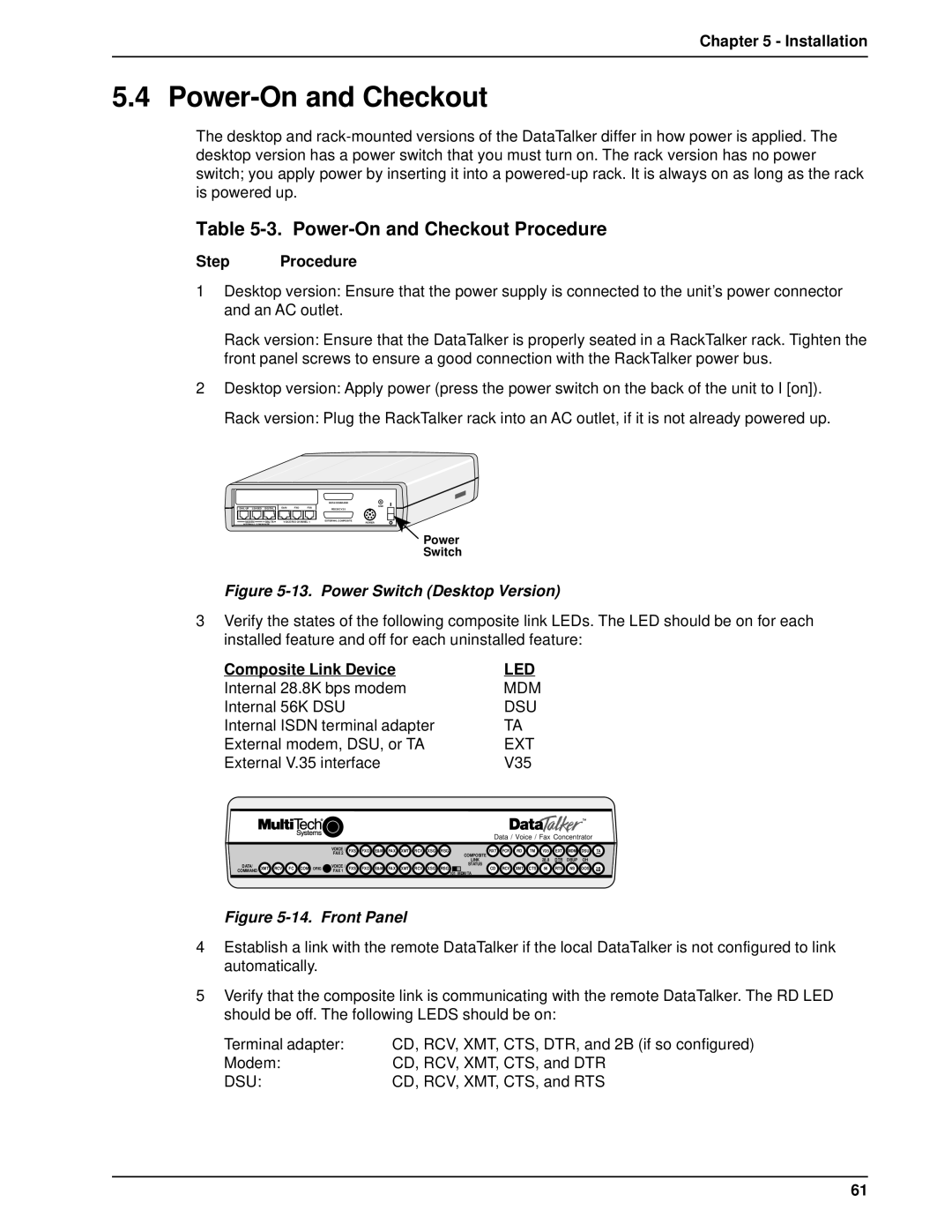 Multi-Tech Systems DT101/xx, DT102/xx owner manual Power-On and Checkout Procedure, Composite Link Device 