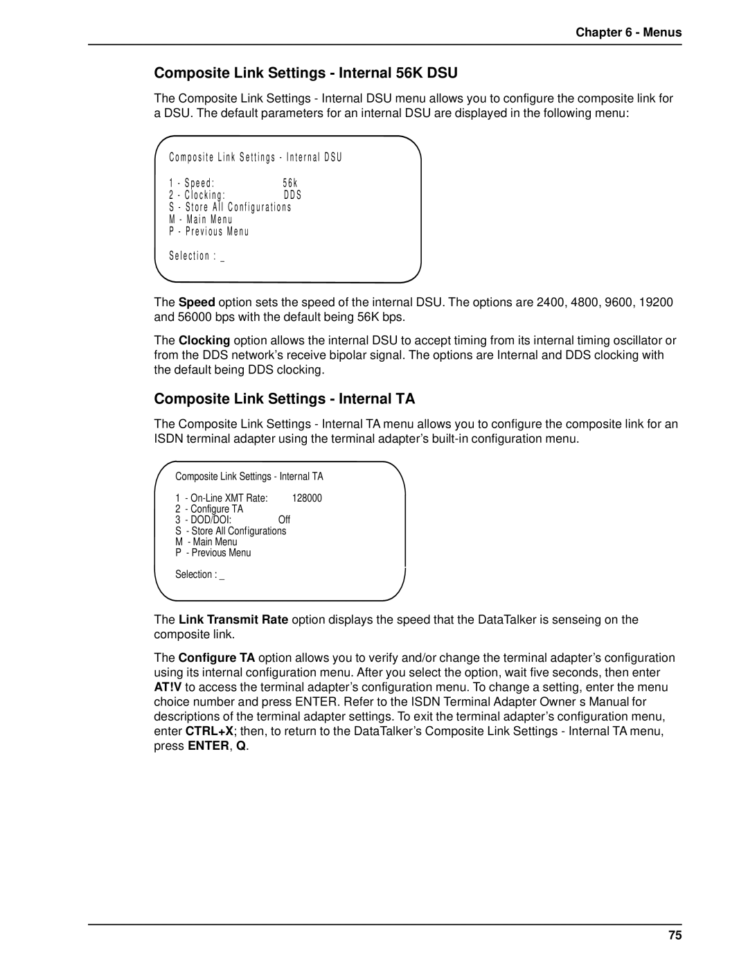 Multi-Tech Systems DT102/xx, DT101/xx Composite Link Settings Internal 56K DSU, Composite Link Settings Internal TA 