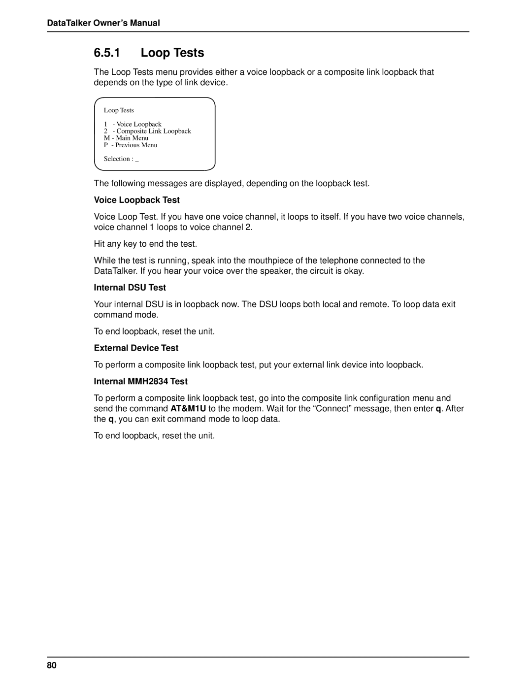 Multi-Tech Systems DT101 Loop Tests, Voice Loopback Test, Internal DSU Test, External Device Test, Internal MMH2834 Test 