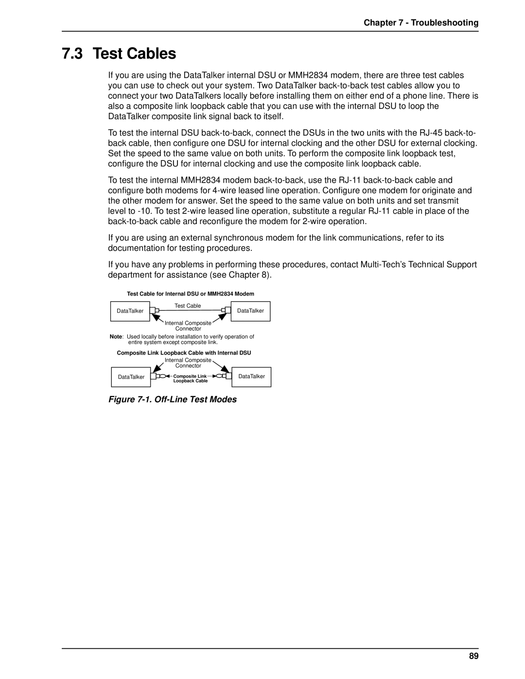 Multi-Tech Systems DT101/xx, DT102/xx owner manual Test Cables, Troubleshooting 