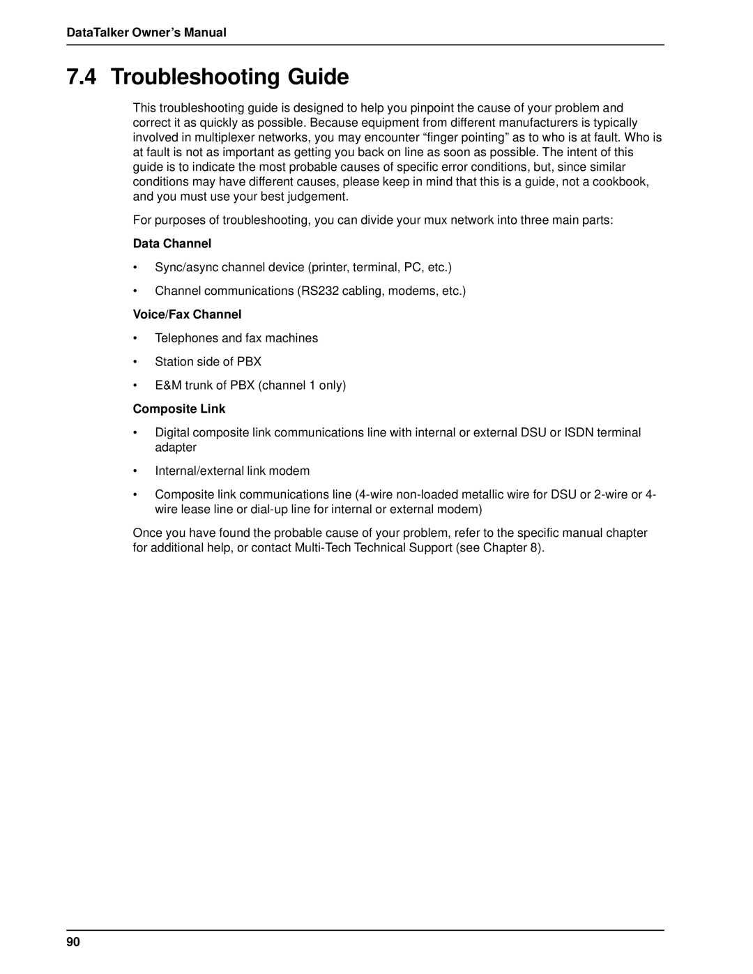 Multi-Tech Systems DT101/xx, DT102/xx owner manual Troubleshooting Guide, Data Channel 