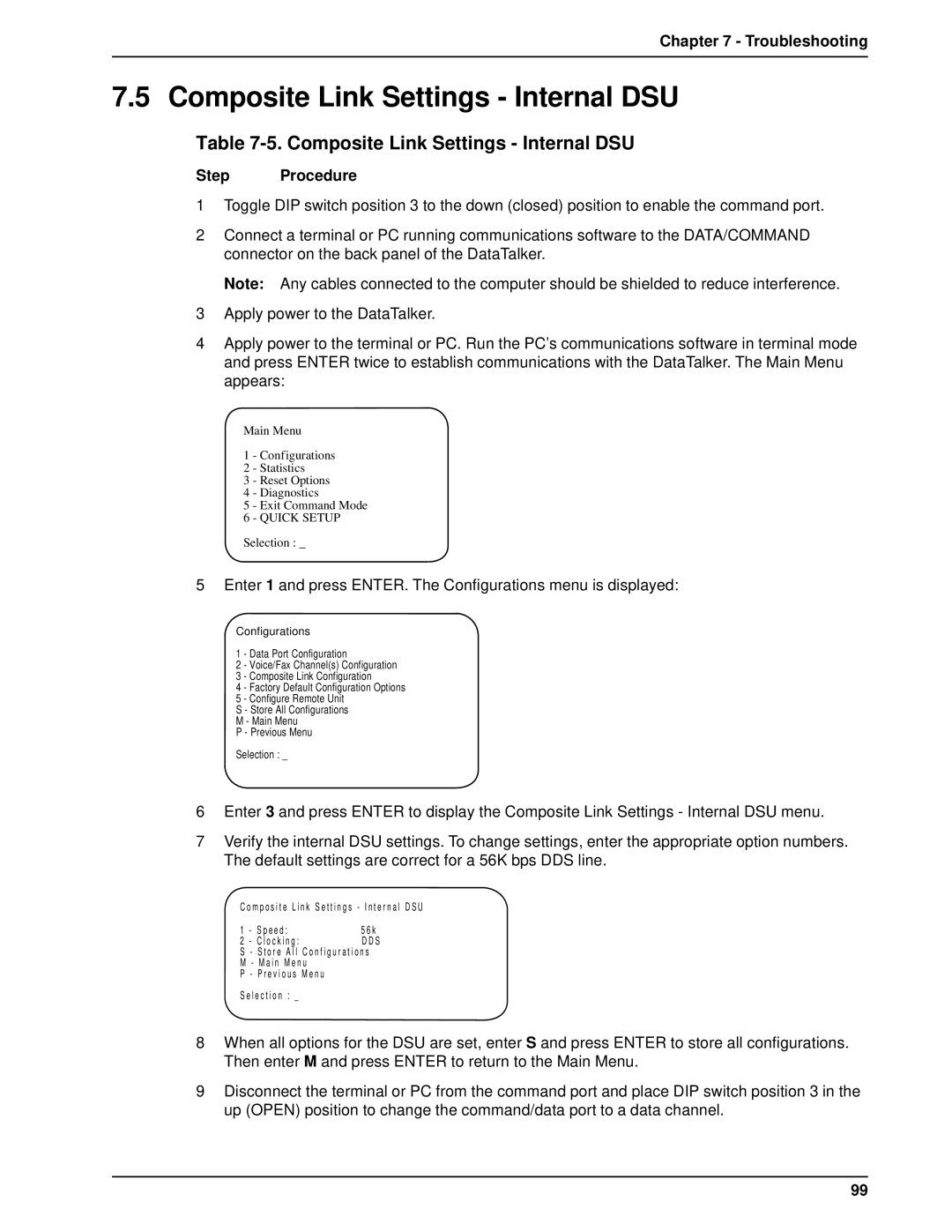 Multi-Tech Systems DT102/xx, DT101/xx owner manual Composite Link Settings Internal DSU 