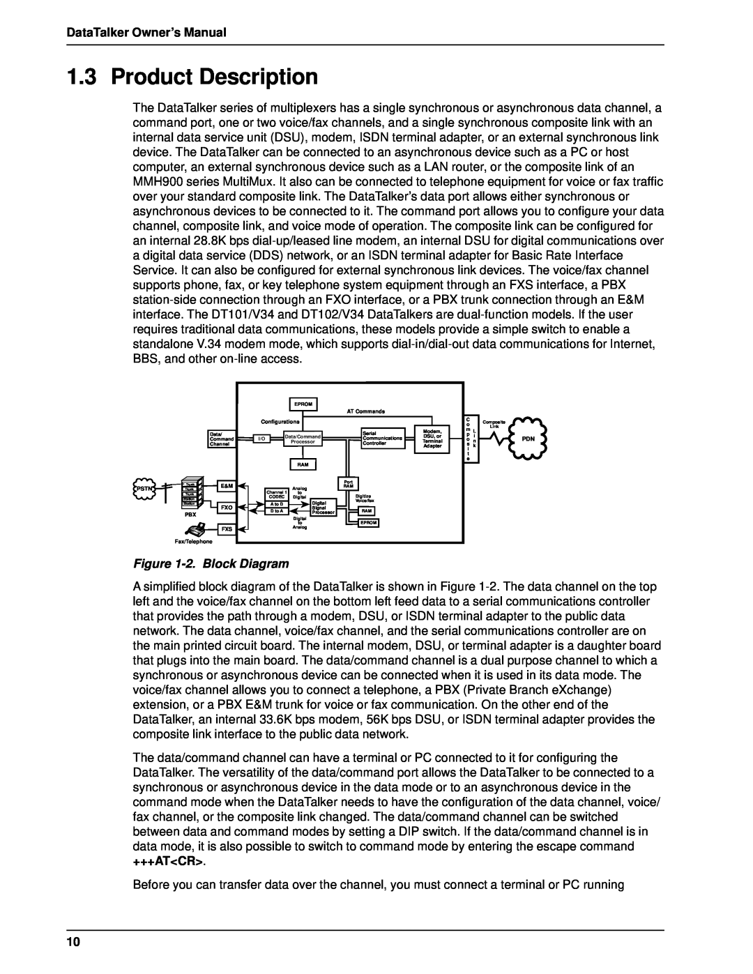 Multi-Tech Systems DT101/xx, DT102/xx Product Description, +++Atcr, DataTalker Owner’s Manual, 2. Block Diagram 