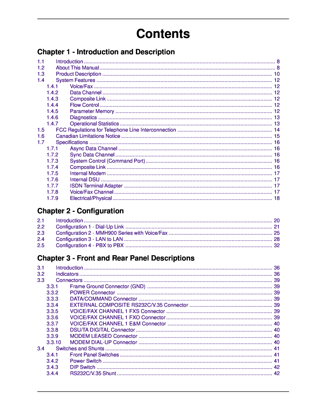 Multi-Tech Systems DT102/xx Introduction and Description, Configuration, Front and Rear Panel Descriptions, Contents 