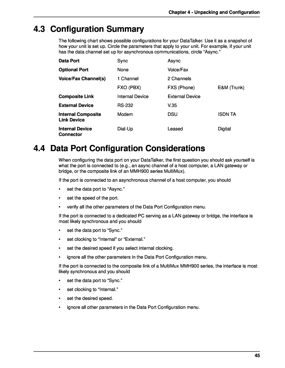 Multi-Tech Systems DT102, DT101 Configuration Summary, Data Port Configuration Considerations, Unpacking and Configuration 