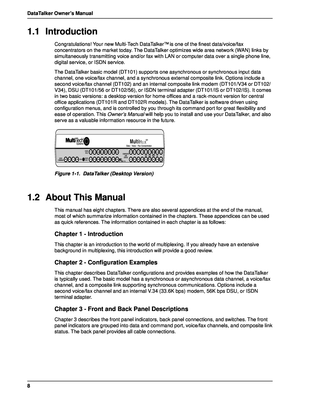 Multi-Tech Systems DT101, DT102 Introduction, About This Manual, Configuration Examples, Front and Back Panel Descriptions 