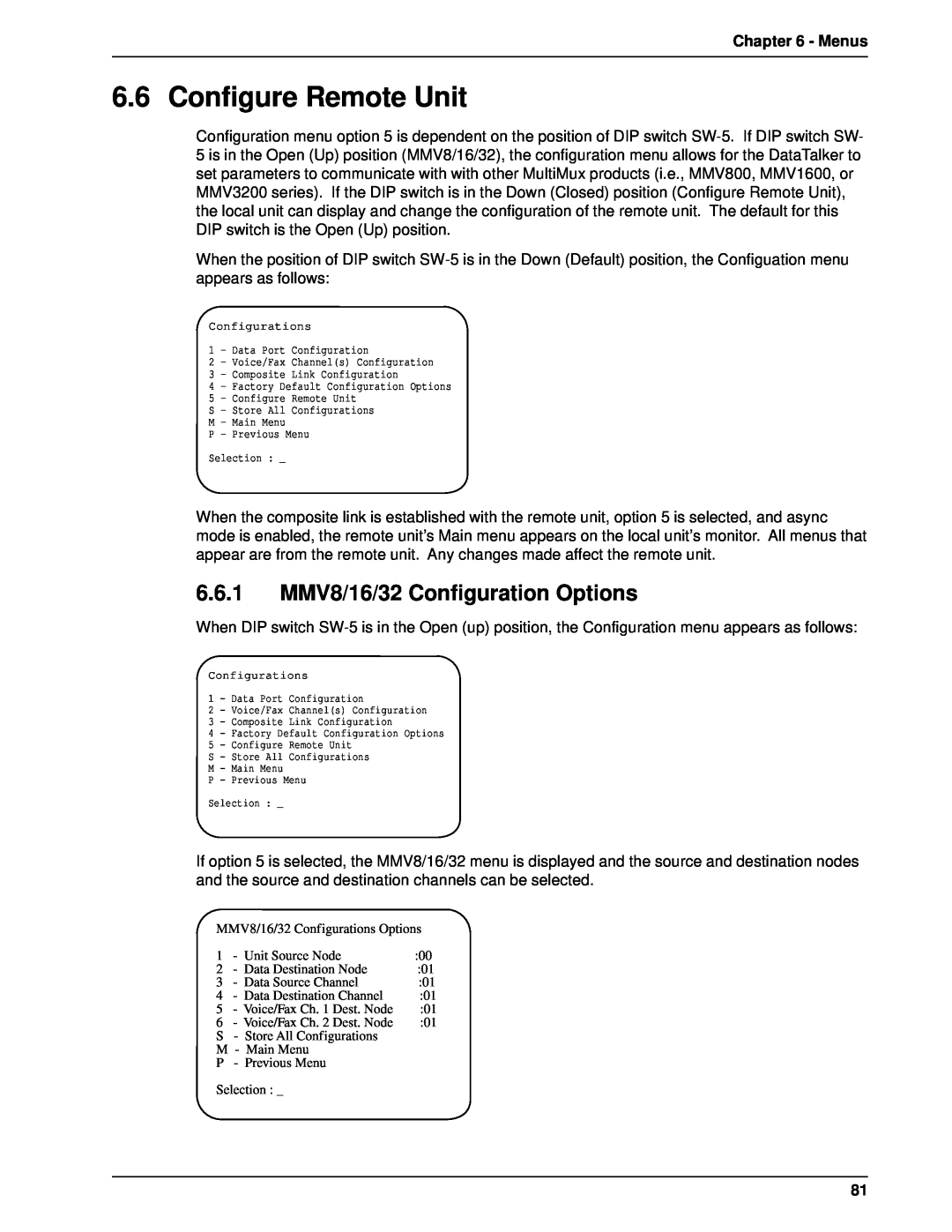 Multi-Tech Systems DT101/xx, DT102/xx Configure Remote Unit, 6.6.1 MMV8/16/32 Configuration Options, Menus 