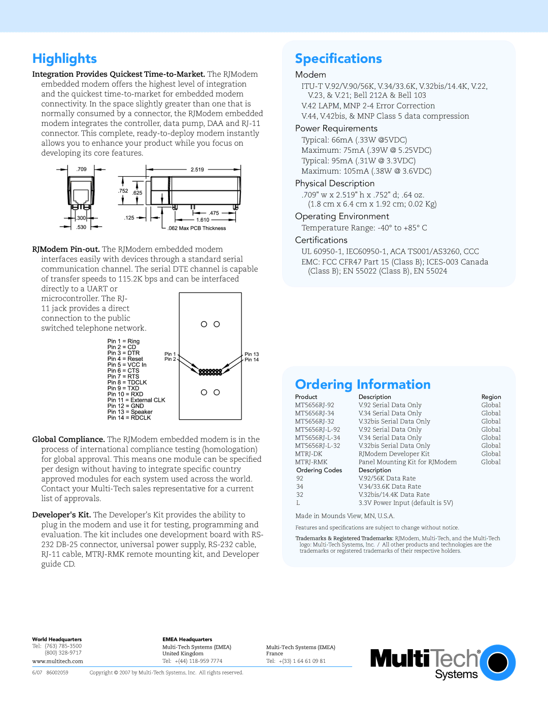 Multi-Tech Systems Embedded Modem warranty Highlights, Specifications, Ordering Information 