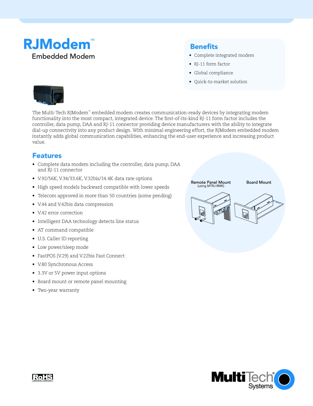 Multi-Tech Systems Embedded Modem warranty RJModem, Benefits, Features 