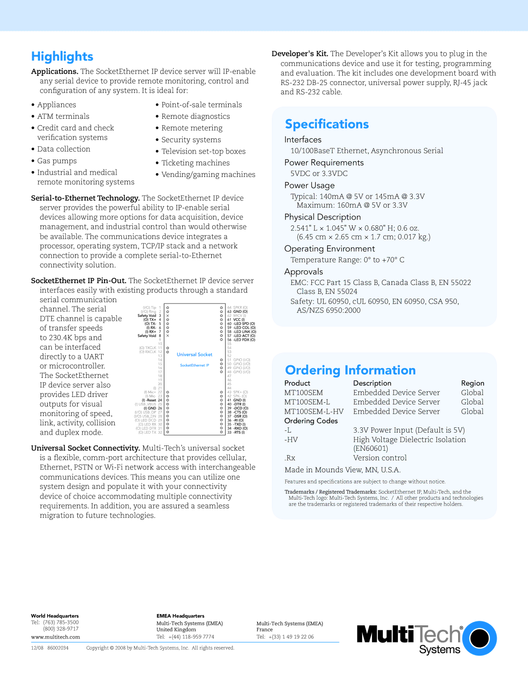 Multi-Tech Systems EN60601 warranty Highlights, Specifications, Ordering Information 