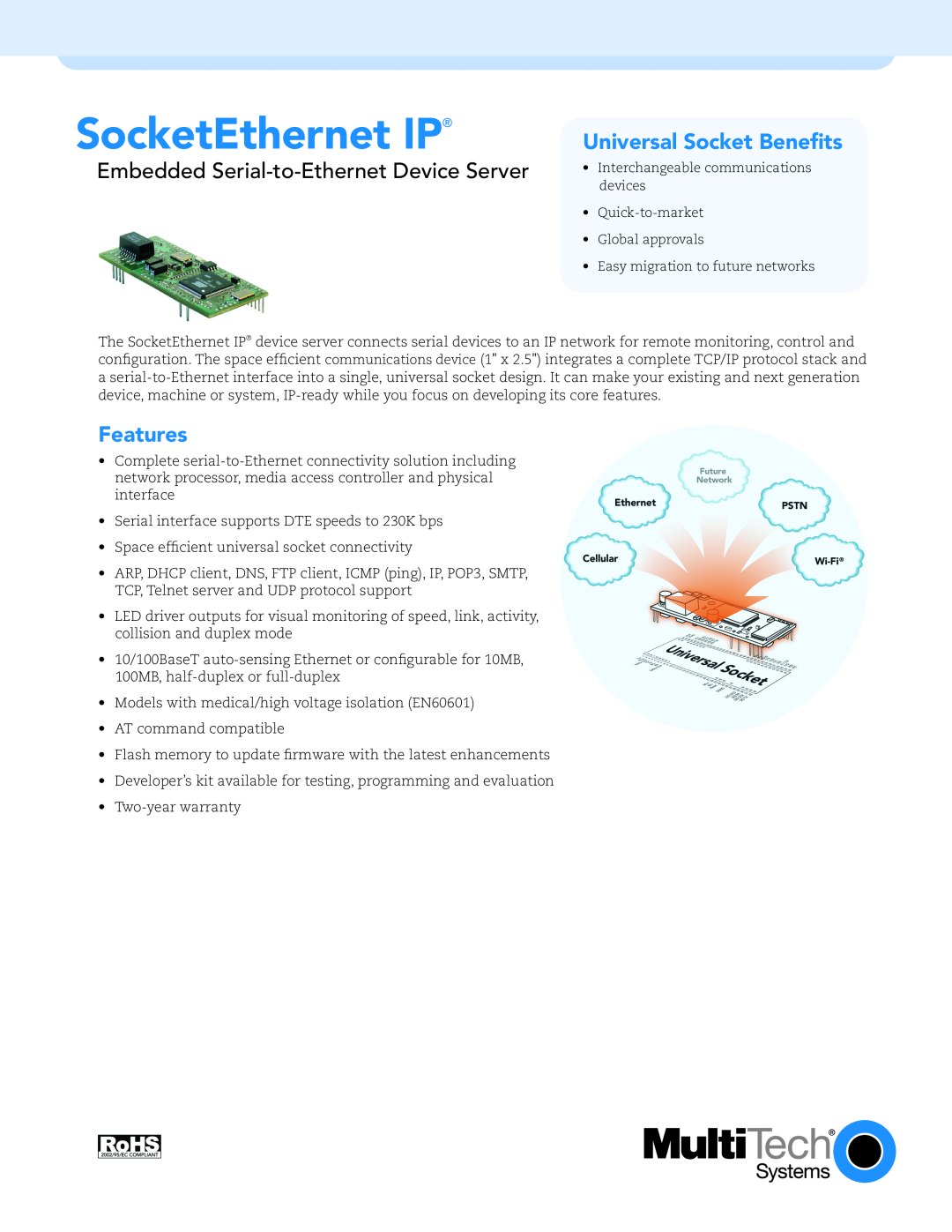Multi-Tech Systems EN60601 warranty SocketEthernet IP, Embedded Serial-to-Ethernet Device Server, Features 