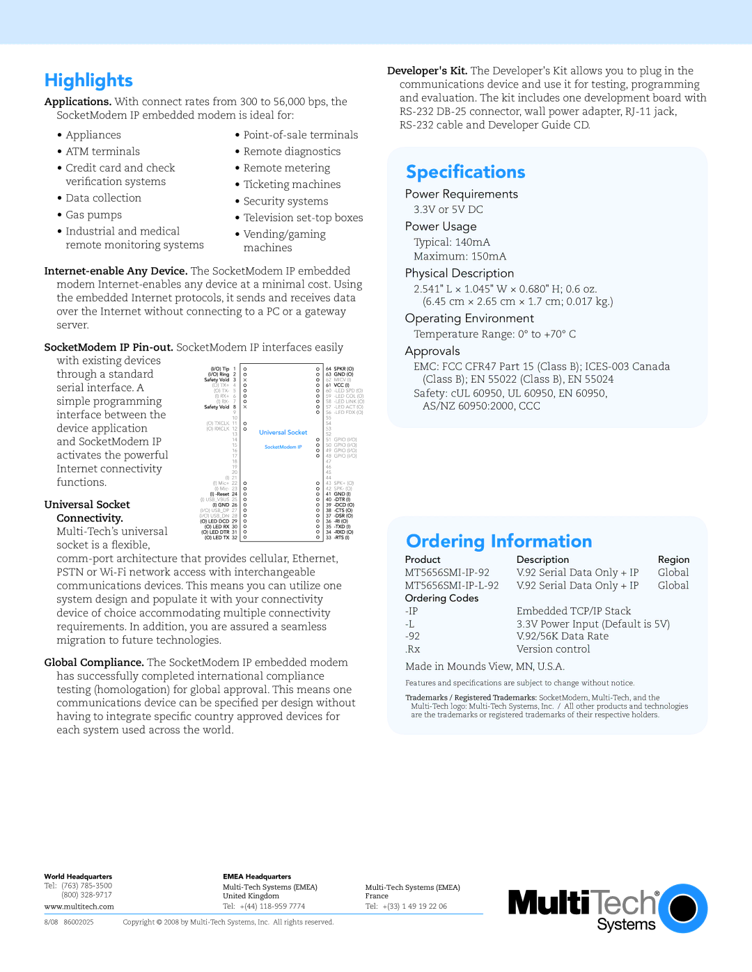 Multi-Tech Systems FCCCFR47 warranty Highlights, Specifications, Ordering Information 