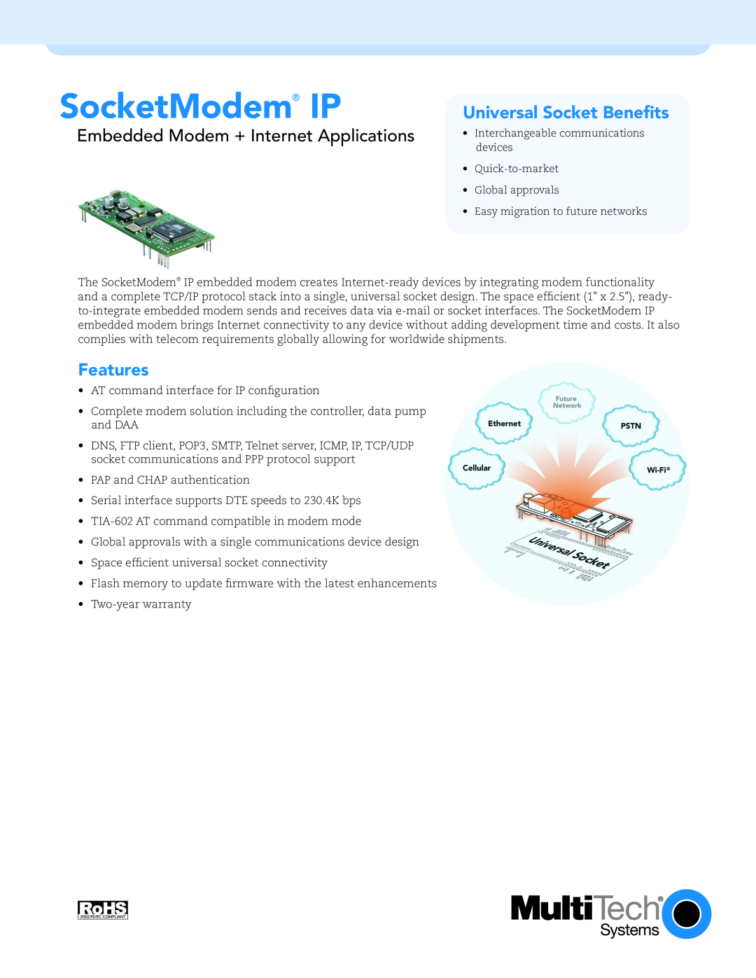 Multi-Tech Systems FCCCFR47 warranty SocketModem IP, Embedded Modem + Internet Applications, Features 