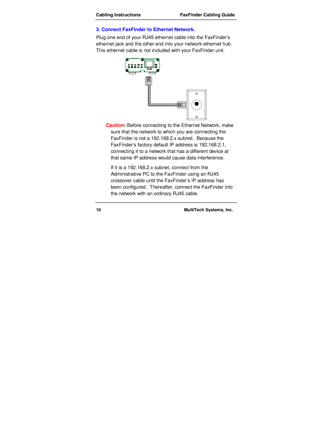 Multi-Tech Systems FF100 manual Connect FaxFinder to Ethernet Network 