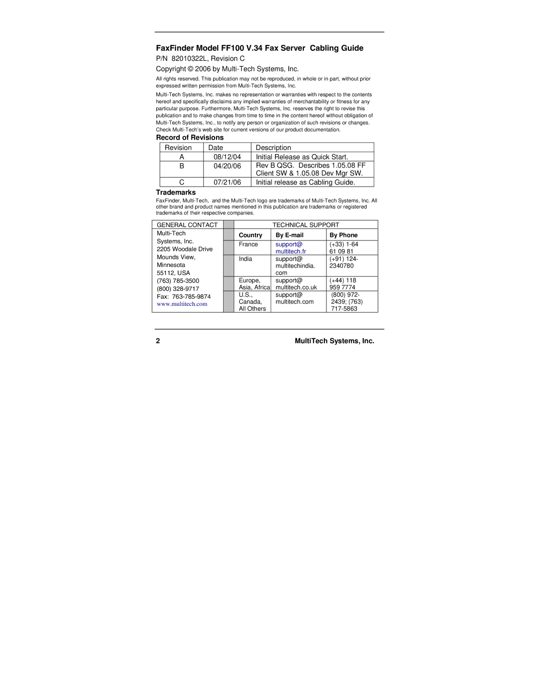 Multi-Tech Systems manual FaxFinder Model FF100 V.34 Fax Server Cabling Guide 