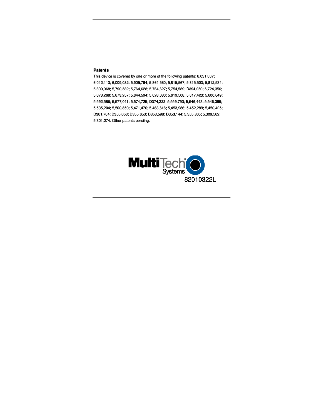 Multi-Tech Systems FF100 manual 82010322L, Patents 