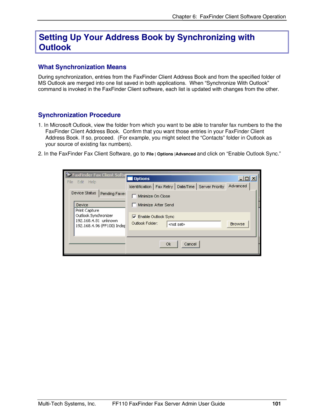 Multi-Tech Systems FF110 manual Setting Up Your Address Book by Synchronizing with Outlook, What Synchronization Means, 101 