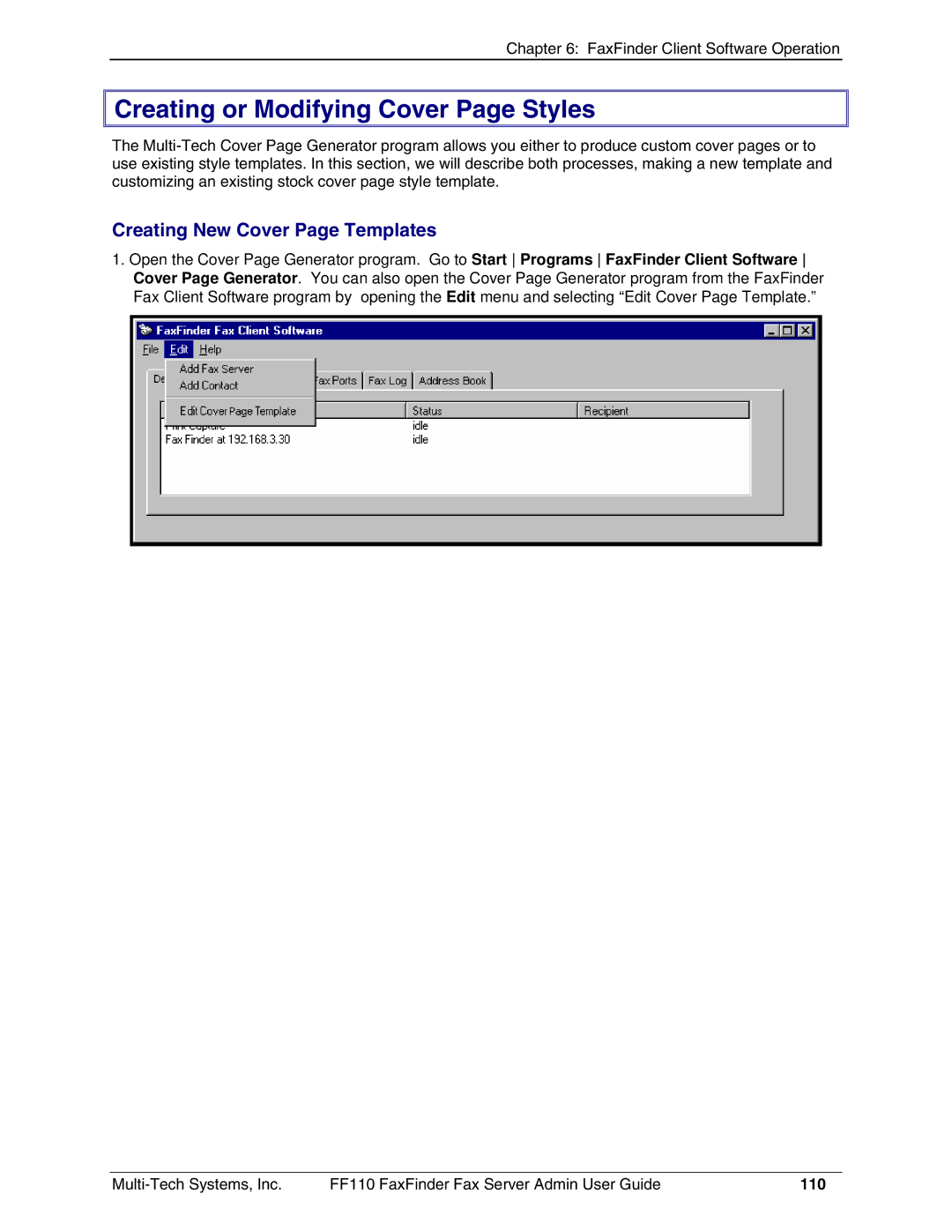 Multi-Tech Systems FF110 manual Creating or Modifying Cover Page Styles, Creating New Cover Page Templates 