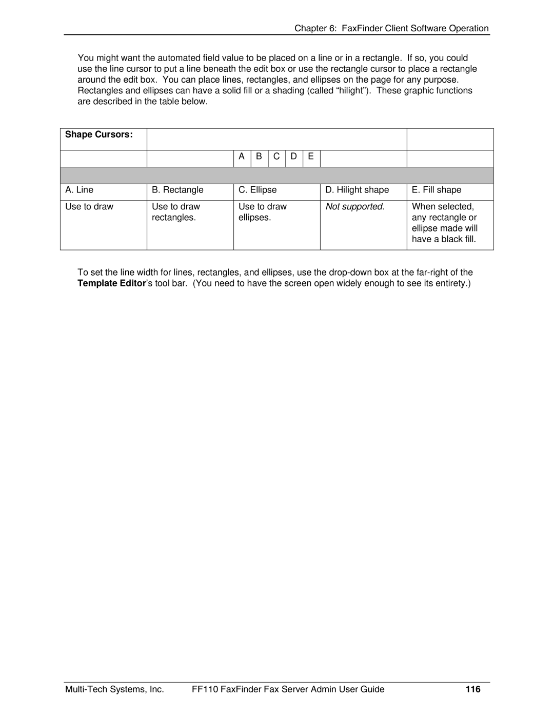 Multi-Tech Systems FF110 manual Shape Cursors, 116 